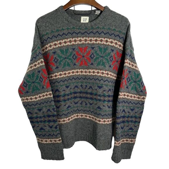 GAP Vintage Gray Nordic Ski Crew‎ Neck Sweater 100% Shetland Wool XL *FLAW* - Picture 1 of 9